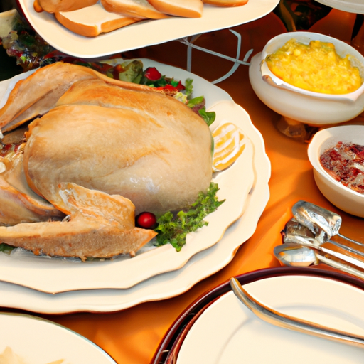 Sliced turkey arranged on a platter, surrounded by delicious side dishes.