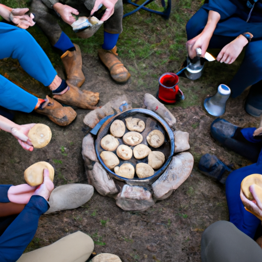 A group of friends gathered around a campfire, enjoying the outdoor cooking experience and the aroma of Dutch oven biscuits.