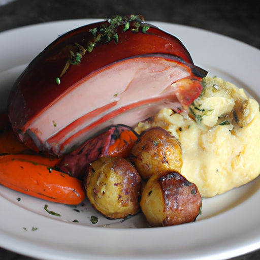 A beautifully plated Dutch oven ham served with roasted vegetables and mashed potatoes.