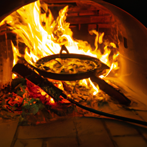 A cast iron Dutch oven surrounded by a crackling campfire, ready for cooking a delicious pizza.